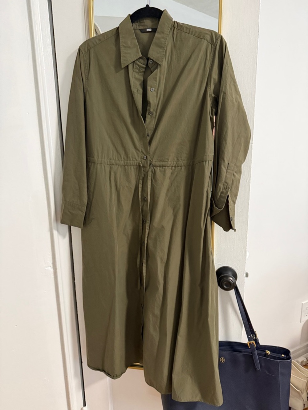 Olive green button down dress draw string Uniqlo